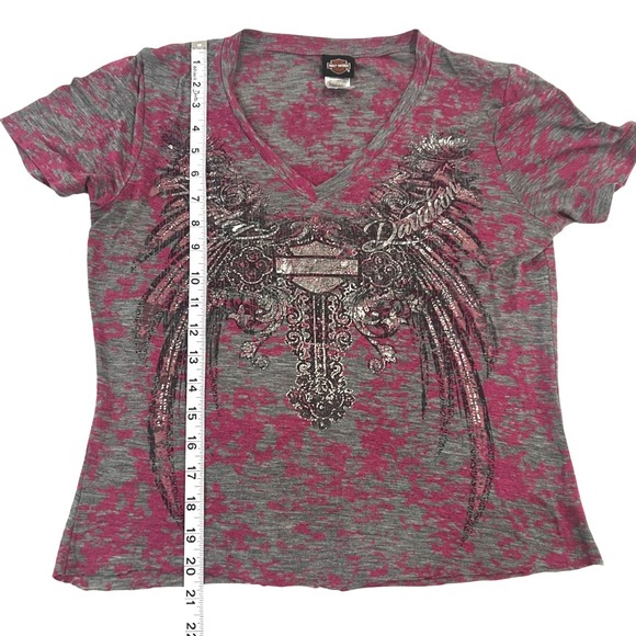 Harley-Davidson Y2K Biker Pink Grey Foil Graphic V-Neck Tattoo Wings Medium - Picture 3 of 5